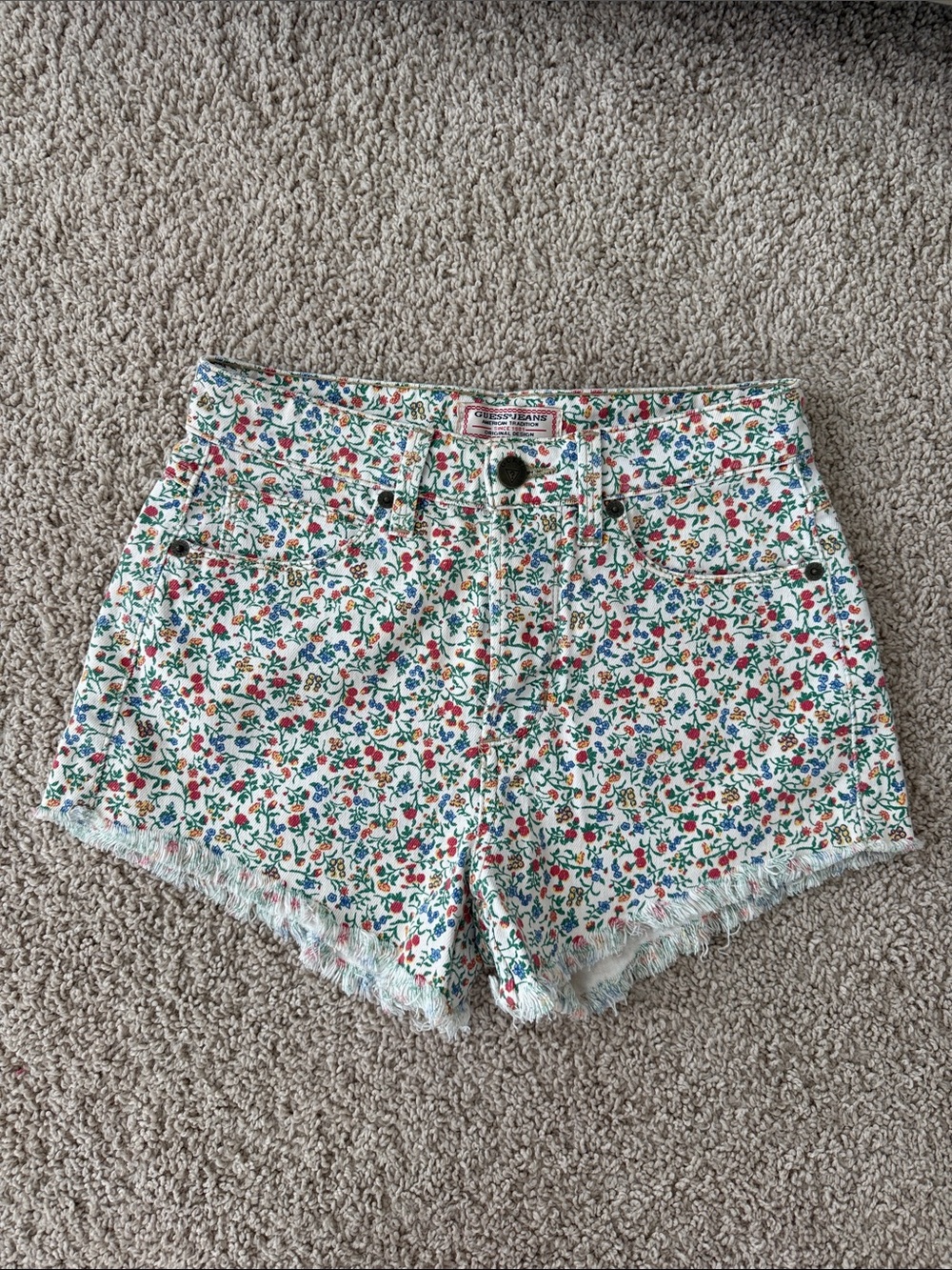 Y2K Guess Denim Shorts, Floral Print Fringed Hem size 24